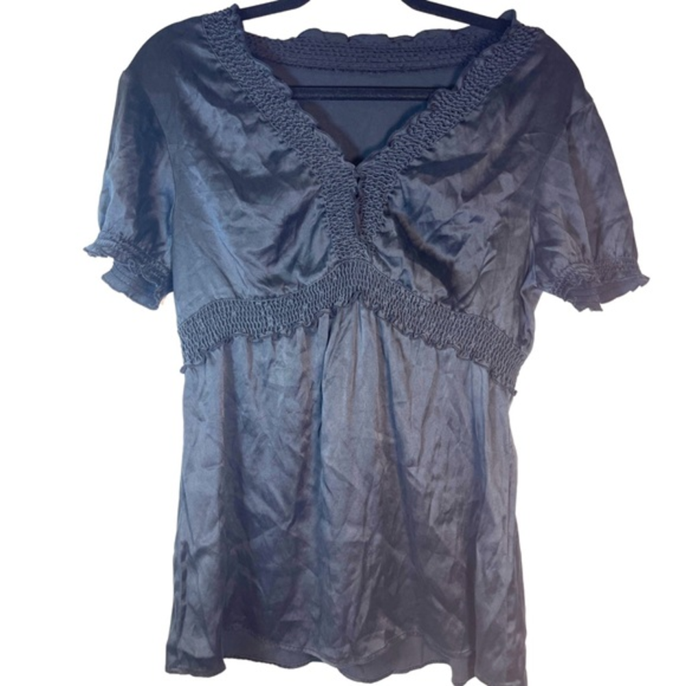 BCBG-Black Silk V-Neck Blouse with ruffle detail